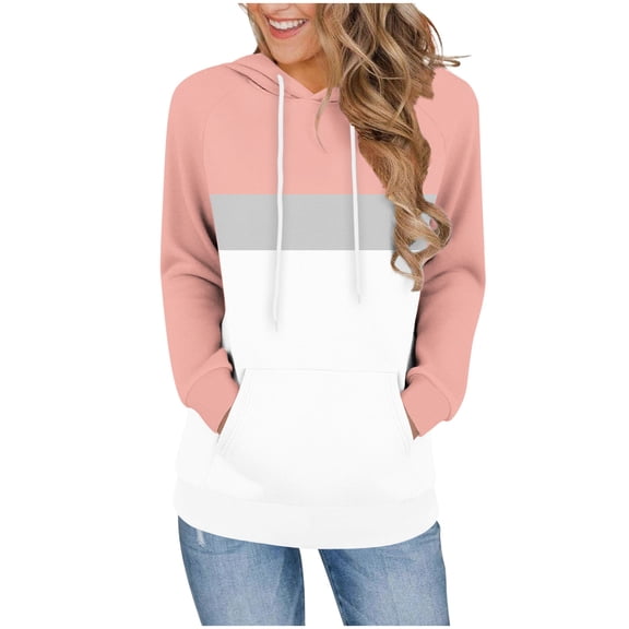 HAiming Color Block Hooded Sweatshirt for Women Casaul Long Sleeve Pullover Tops Hoodies with Pocket