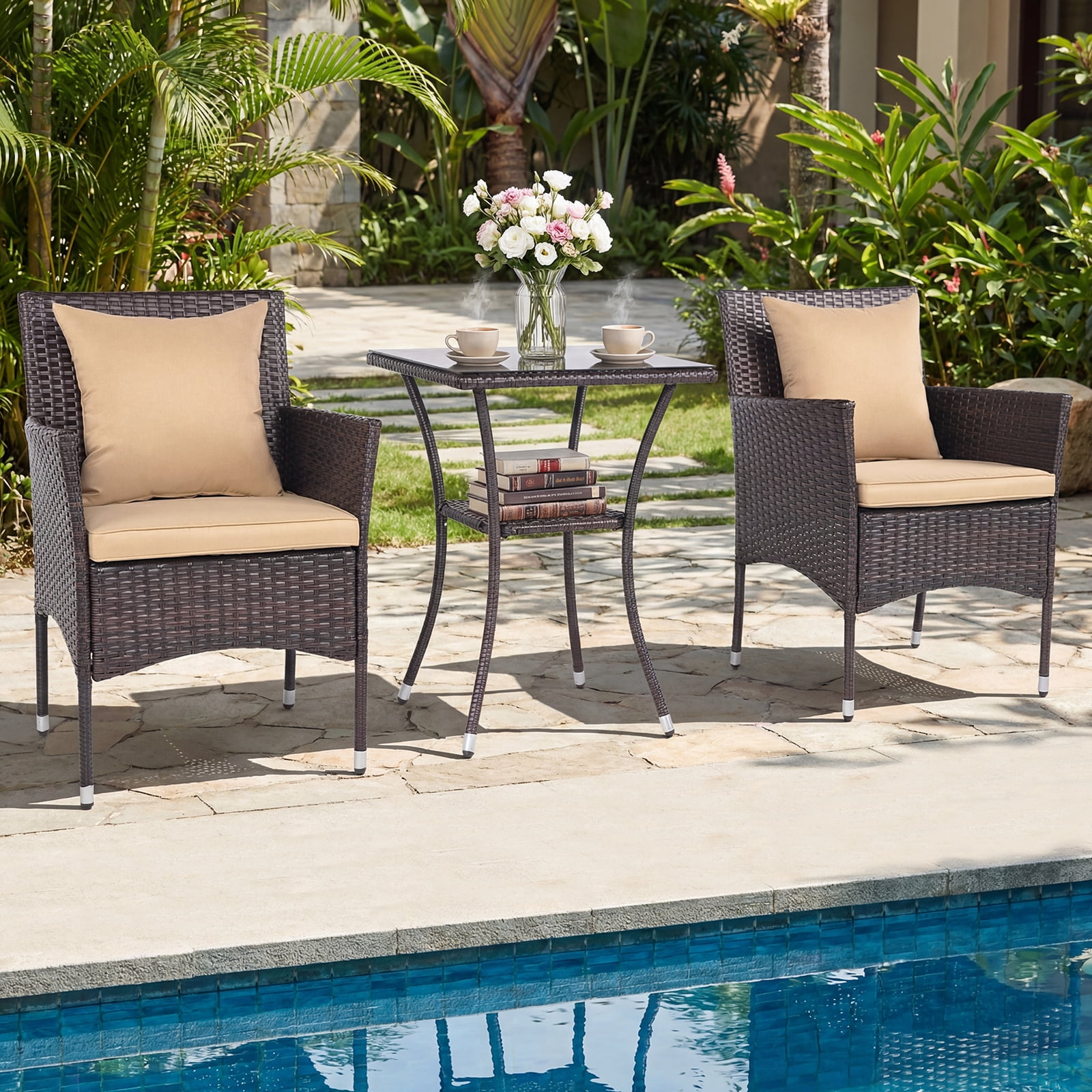 Costway 3PCS Patio Wicker Bistro Set, 2 Rattan Chairs with Double-Tier Tempered Glass Table Mix Brown+Beige