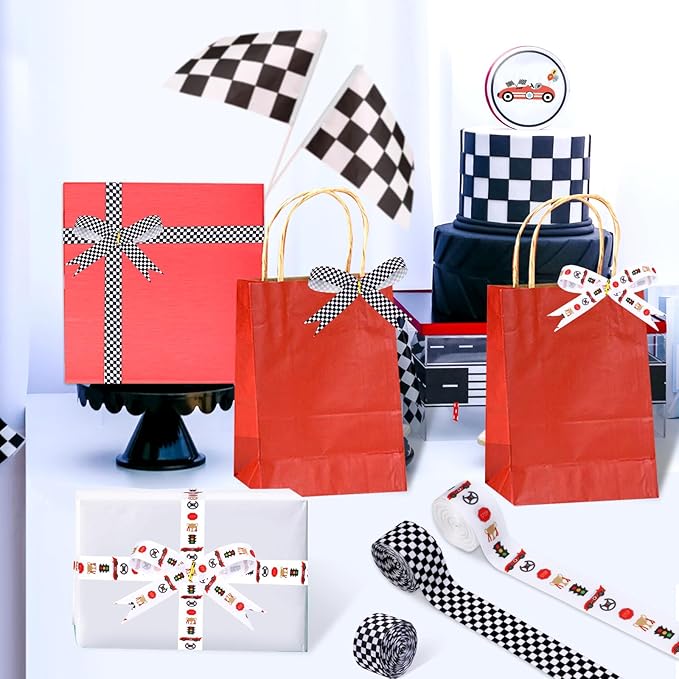 4 Rolls Red Racing Car Theme Ribbons, 20 Yards Craft Ribbons for Wreath Hair Bow Wrap Gifts, White Black Checkered Grosgrain Ribbons Birthday Wedding Gender Reveal Party Accessory Decorations