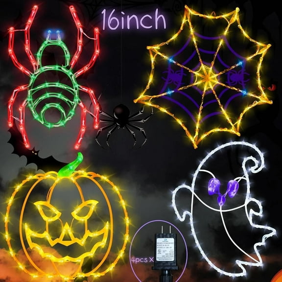 16" Halloween Window decorate Plug Light Ghost Spider Web Pumpkin Spider door decor-4 Pack Halloween Window lights