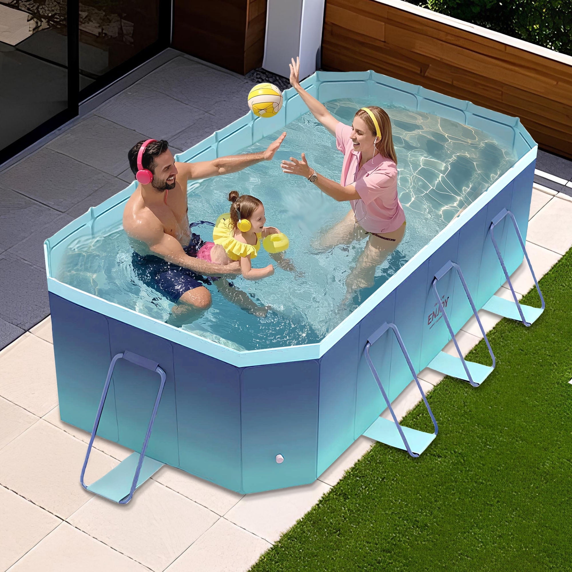 HDUTNGISN 102"Foldable Swimming Pool for Kids & Family,Non-Inflatable Pool with Metal Frame,Blue