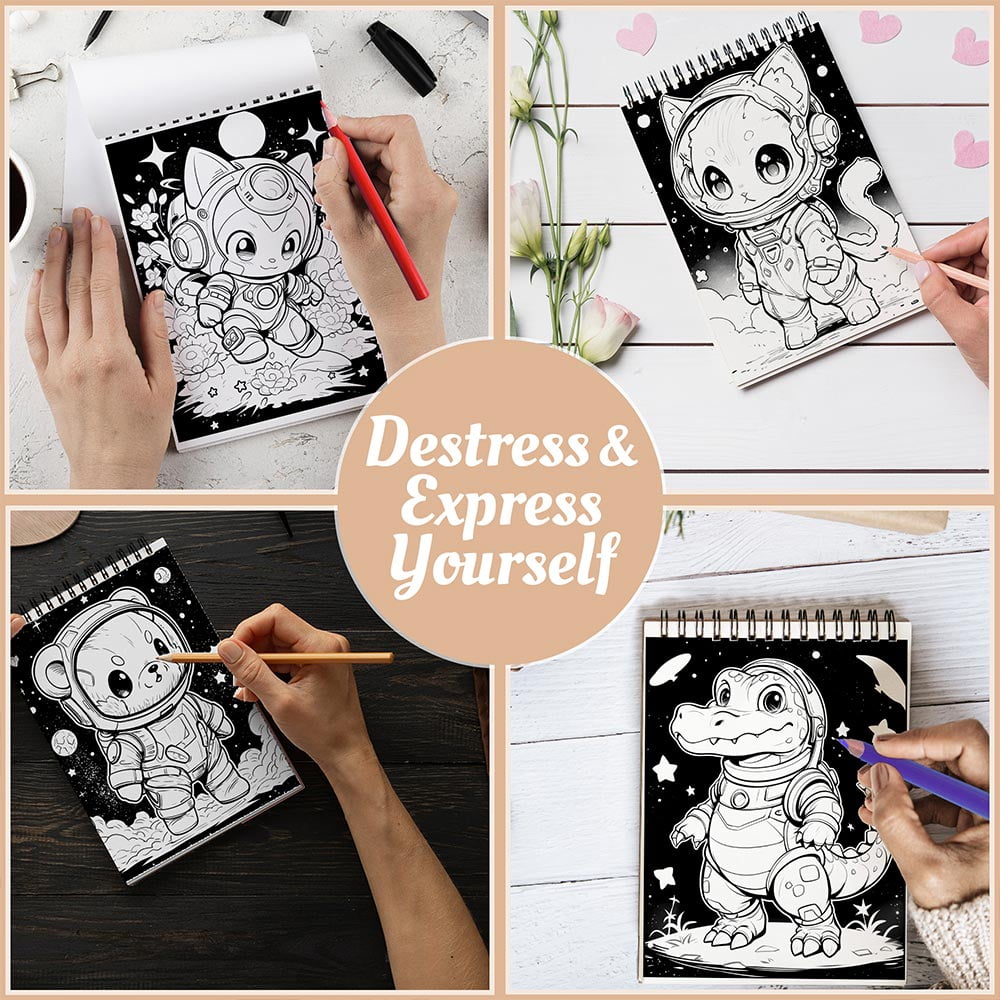 Animals In Space Coloring Book Spiral Bound For Adults, A5 Wooden Cover, 30 Dreamy Coloring Pages of Animal Journeys in cosmos for Stress Relief and Relaxation