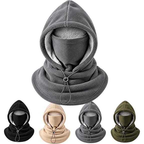 Winter Windproof and Warm Cycling Hat One-Piece Fleece Hoodie with Mask for Men Women Gray