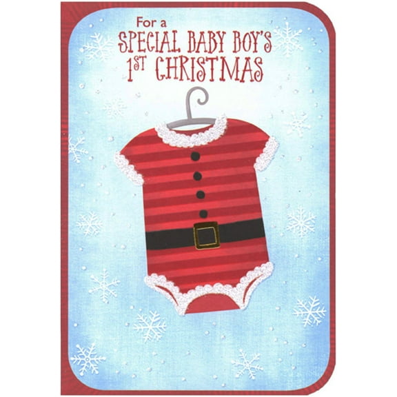 Designer Greetings One Piece Santa Suit on Hanger : Baby Boy's First : 1st Christmas Card