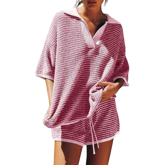 ZANKLEY Womens 2 Piece Knit Lounge Set Oversized V Neck 3/4 Sleeve Top and High Waisted Shorts