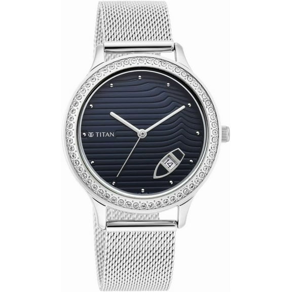 Titan Wander Women's Analog Watch – Dark Blue Dial, Silver Stainless Steel Strap, Quartz Movement, 42.5mm Round Metal Case, 24-Month Warranty