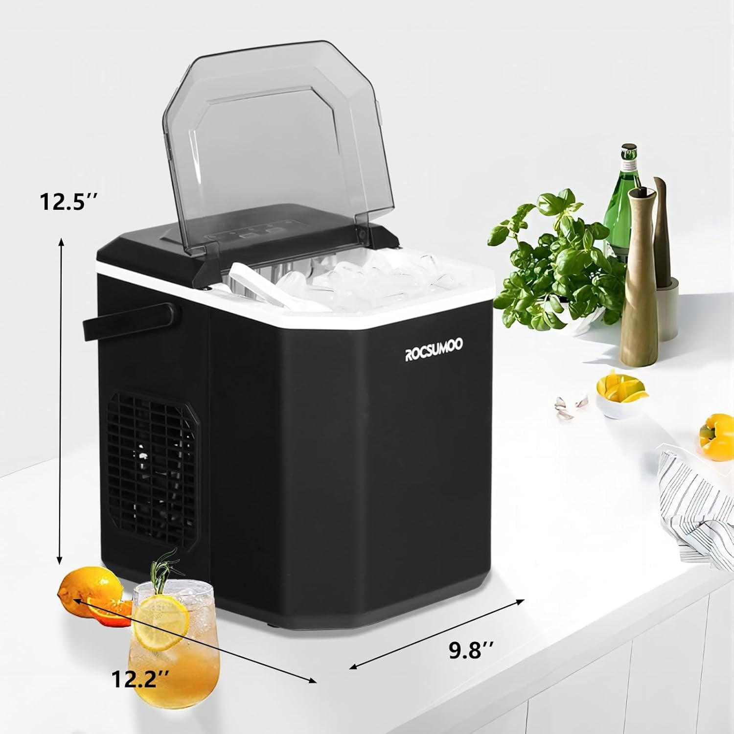 Ice Maker Countertop, Portable Ice Machine with Carry Handle, Self-Cleaning Ice Makers with Basket and Scoop, 6 Mins 9 Bullet Ice, 26 lbs / 24Hrs, Ideal for Home, Kitchen, Camping