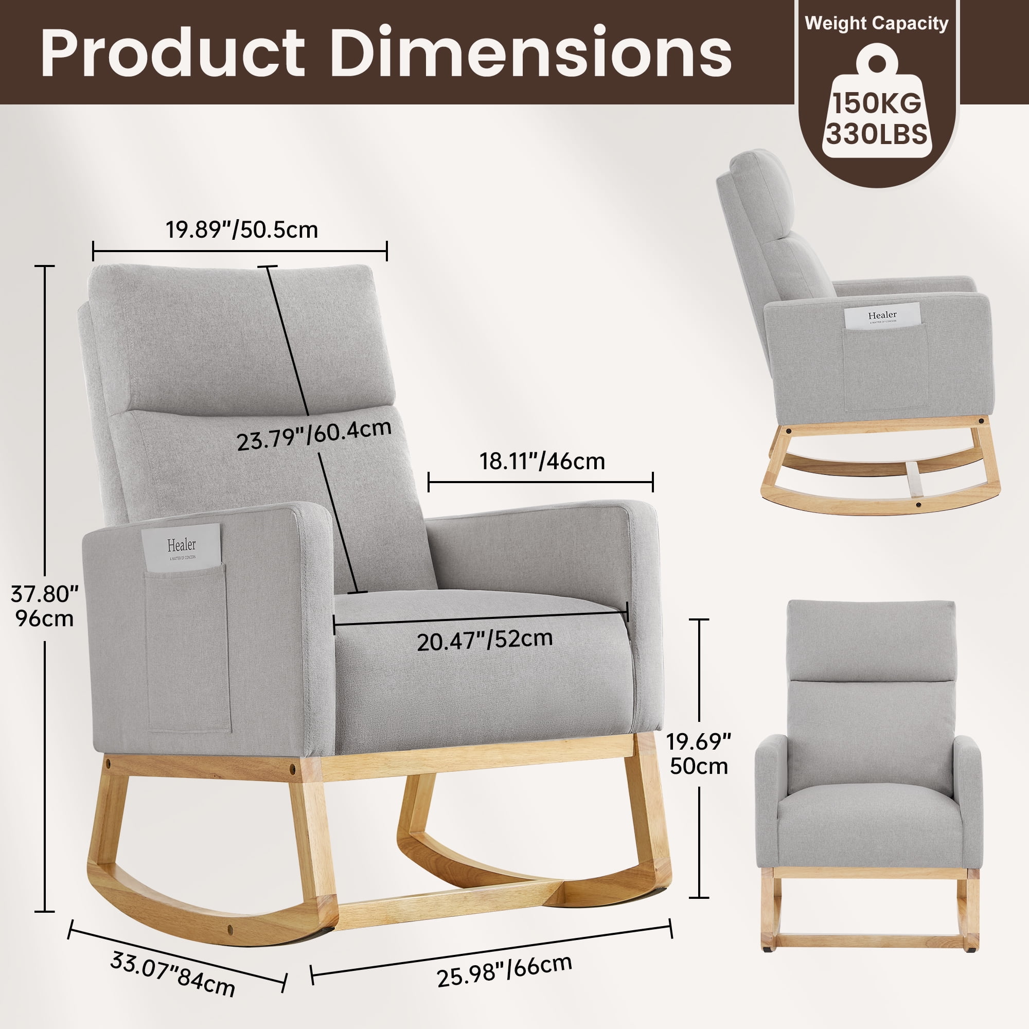 SAETSFEG Rocking Chair Nursery, Comfortable Upholstered Glider Rocker Chairs Indoor for Adults, Mid-Century Modern Nursing Accent Rockers for Living Room, Bedroom, LightGray
