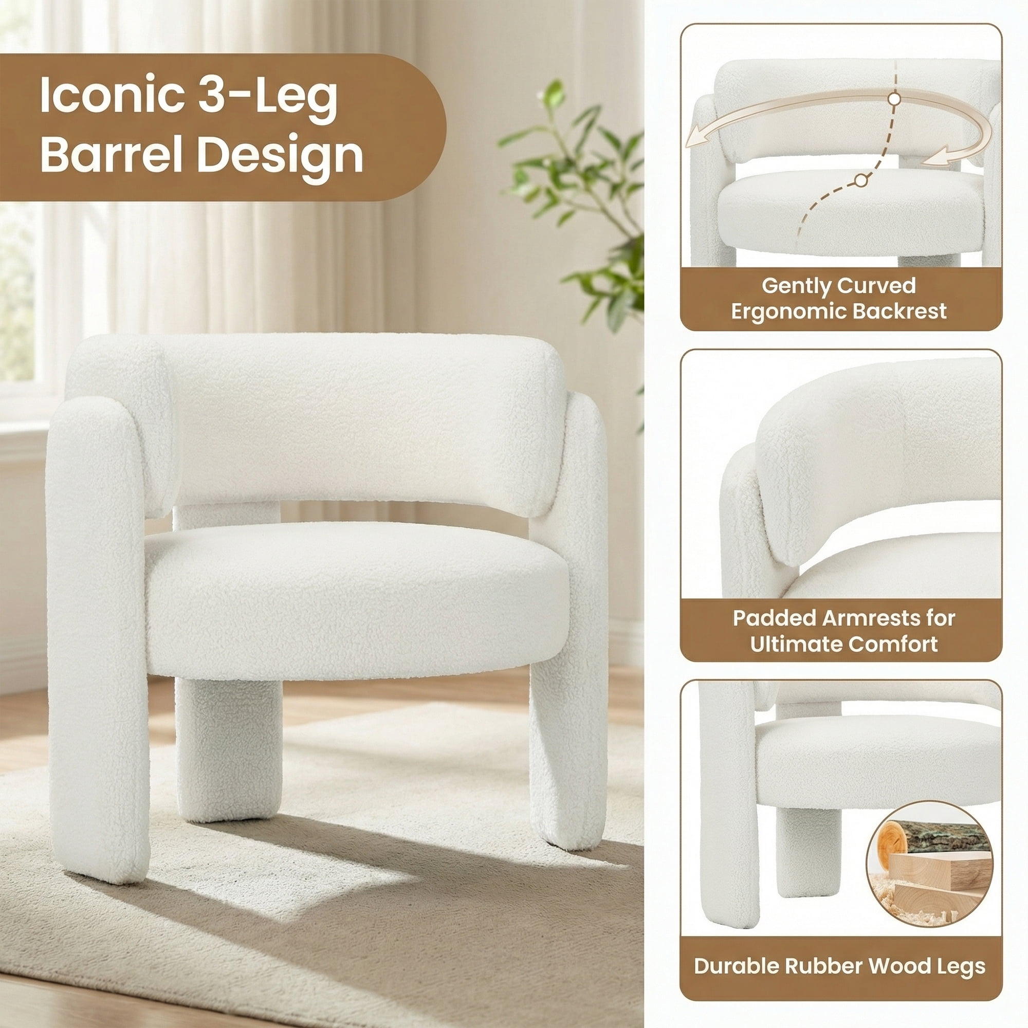 AFO Modern Upholstered Dining Chair Set of 2, Cute Barrel Side Armchair with Round Back for Living Room Dining Room Bedroom, Cream