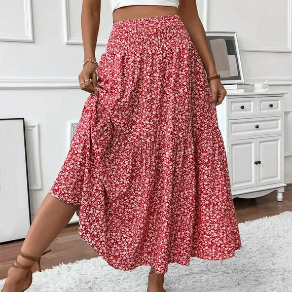Women's Smocked High Waist Casual Boho Long Maxi Skirts with Pockets Red M