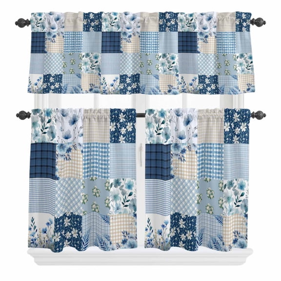 3 Piece Kitchen Curtains and Valances Set Blue Floral Cafe Curtains 36 Inch Length Spring Flowers Plants Patchwork Grid Bohemia Valance & Tier Curtain for Living Room Bedroom Window 54"x18" 27"x36"*2
