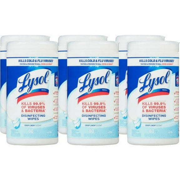 LYSOL Brand Disinfecting Wipes, 1-Ply, 7 x 7.25, Crisp Linen, White, 80 Wipes/Canister, 6 Canisters/Carton