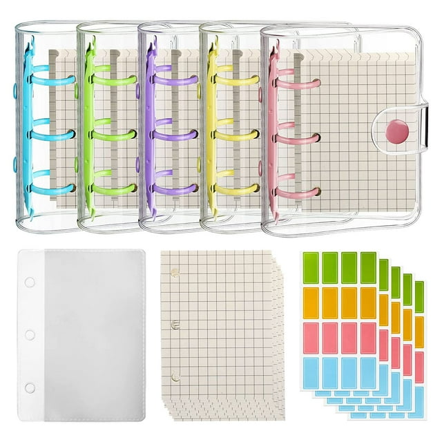 Paquete de 5 Minicubiertas Transparentes para Carpetas de 3 Anillas con Carpetas Interiores, Bolsas de Almacenamiento, Etiquetas Adhesivas, Bolsillos para Carpetas