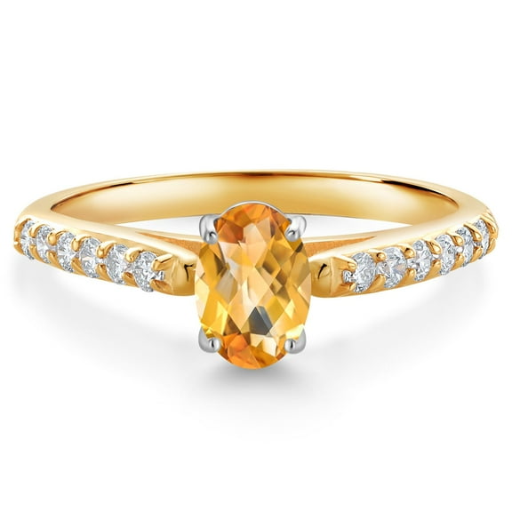 Gem Stone King 10K Two Tone Gold Yellow Citrine and White Lab Grown Diamond Engagement Ring for Women (0.91 Cttw, Gemstone November Birthstone, Oval Checkerboard 7X5MM, Size 5)
