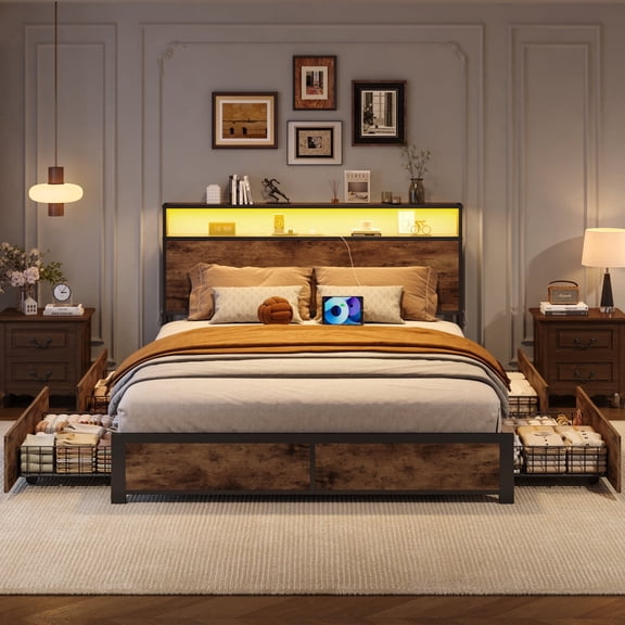 Bolvdo Queen Platform Bed Frame with Headboard, 4 Storage Drawers & USB Charging Station, LED Lights & Metal Support, Vintage Brown