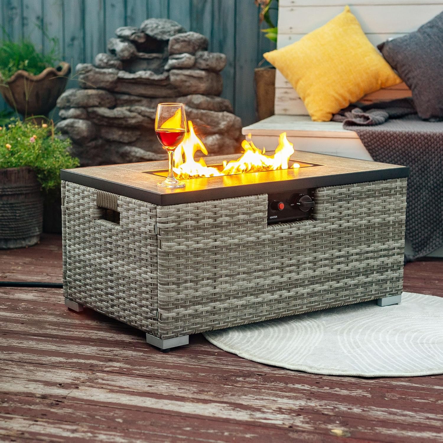 AJ Enjoy 32'' Propane Fire Pit Table, Marble Textured Ceramic Tabletop, 50,000 BTU Fire Table with Gray Wicker, Mix Color Glass Rocks, Including Lid&Cover