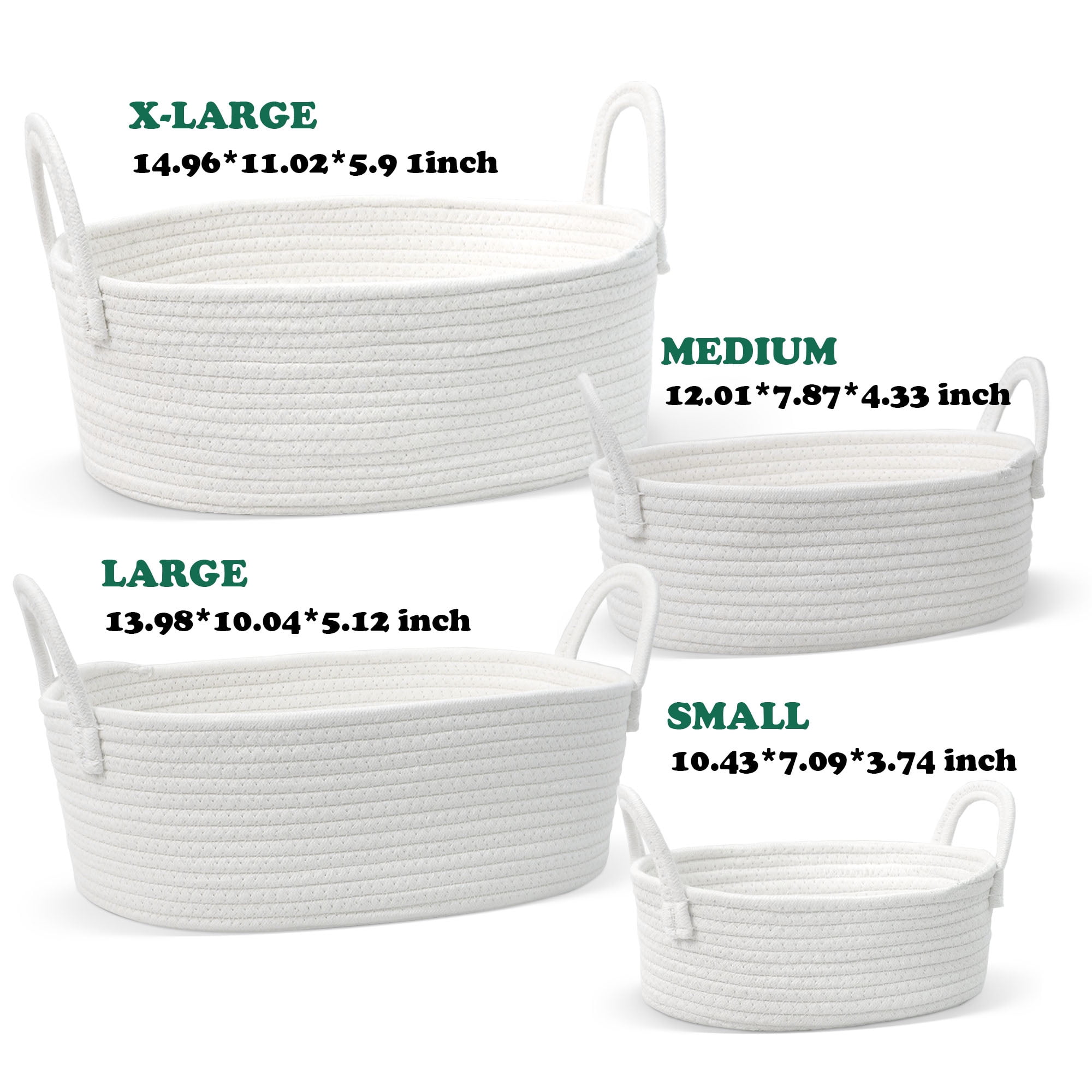 Caroeas 4-Piece Cotton Rope Baskets, Shelf Baskets for Organizing Shelves, Woven Decorative Basket, Nesting Bins for Baby Nursery and Toys, White (4 Sizes)