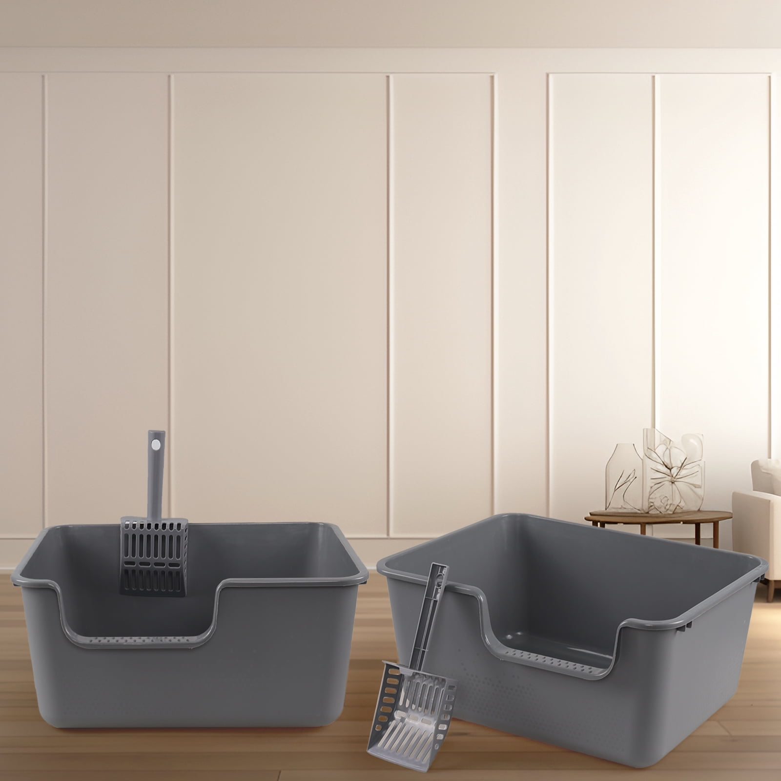 Yuright Plastic High Side Cat Litter Boxes with Scoops, 4 Pack Gray Open Top Litter Trays