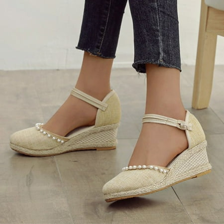 

NEGJ Summer Womens Resort Style Floral Embroidered Pattern Wedge Slippers