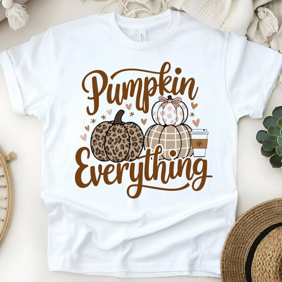 Pumpkin Everything T-Shirt | Fall Coffee and Leopard Pumpkin Graphic Tee, White, Size S