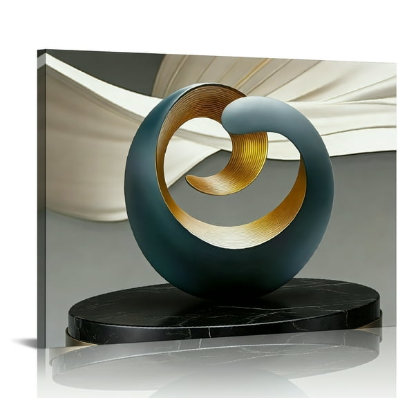 Hidden Frame Canvas Wall Art - Luxury Dark Green & Gold Ring Sculpture Modern High-End Popular Wall Decor for Living Room 16x12in