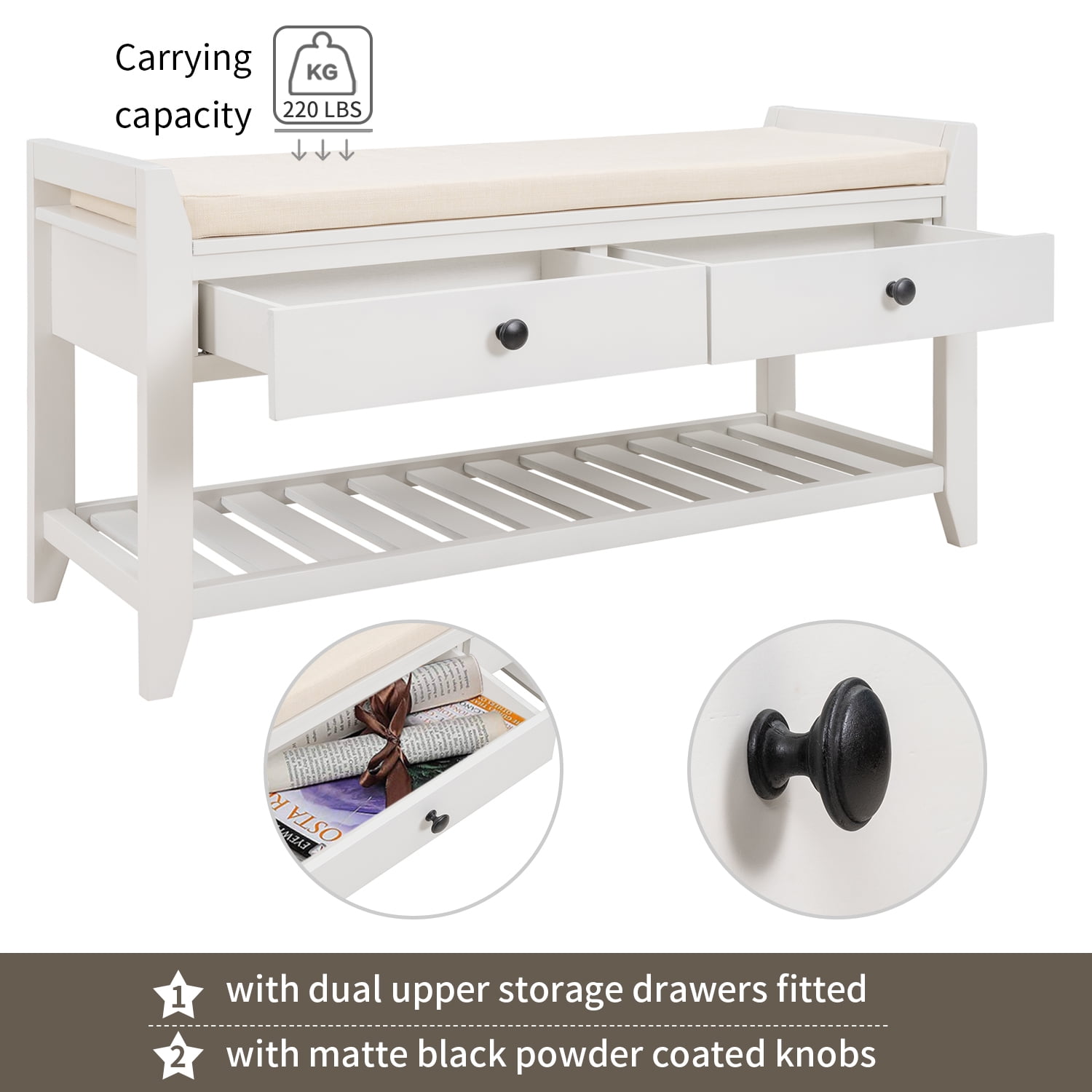 DEALTOPS Vintage Storage Bench with 2 Drawers and Soft Cushion, Multipurpose Shoe Rack for Entryway - White