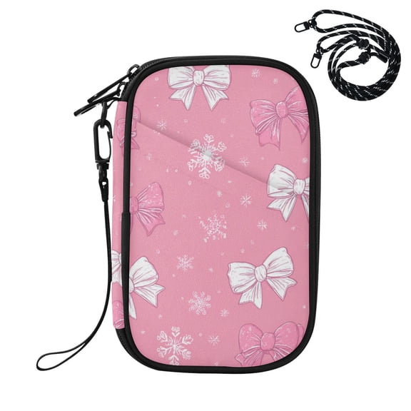 Pink and White Bowknots Snowflakes Christmas Passport Holder Travel Document Organizer Credit Card Case Coin Purse Wallet RFID Blocking