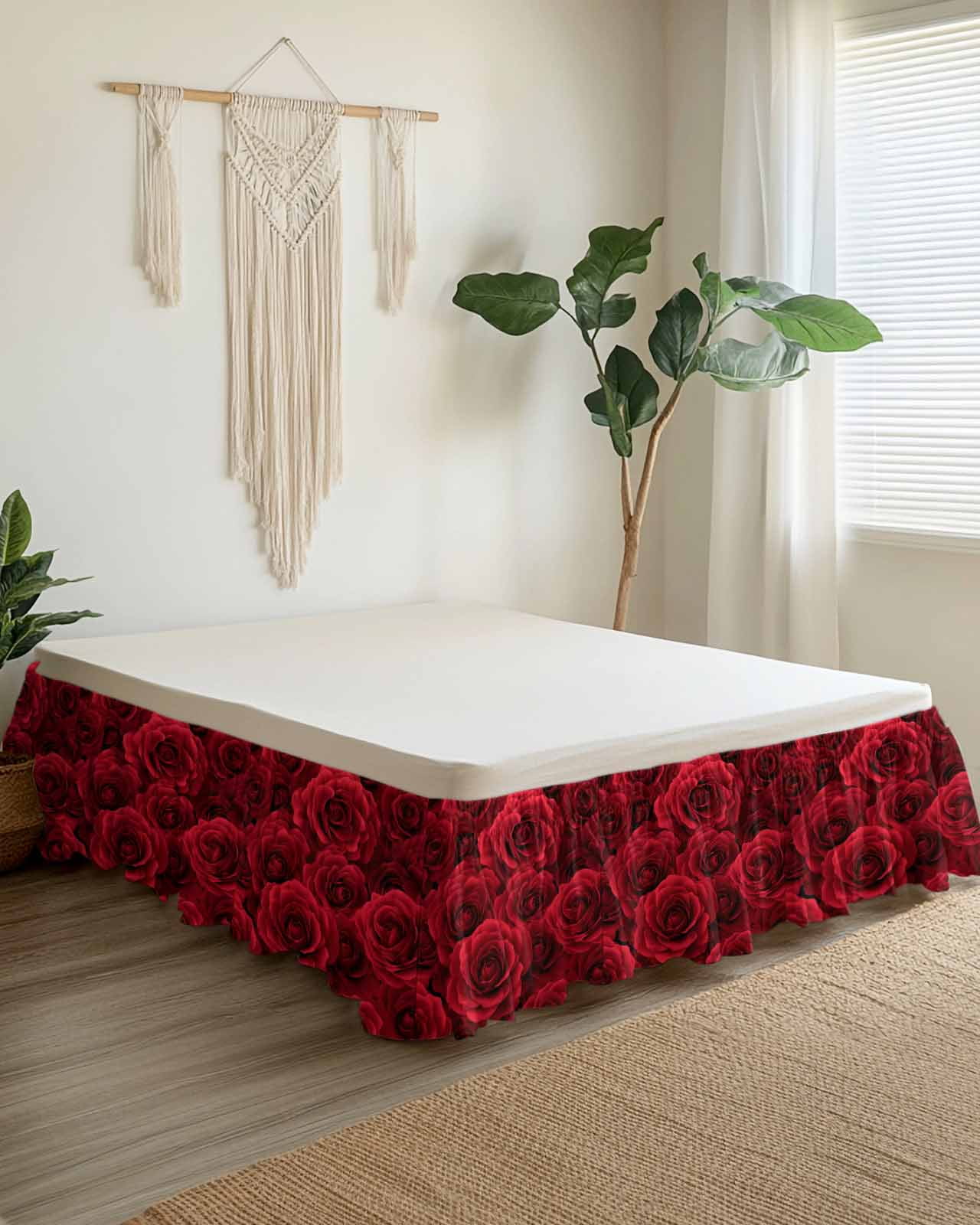 Valentine's Day Bed Skirt Queen Size 16 Inch Drop, Modern Romantic Dark Red Roses Petal Floral Plant Adjustable Elastic Dust Ruffles Bedskirt for Queen Bed Wrap Around Pleated Mattress Frame Cover