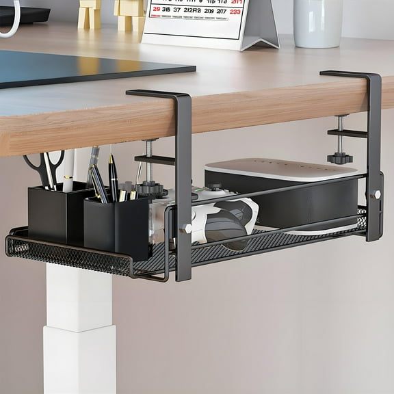 Storvive Under Desk Cable Management Tray, Hanging Desktop Organizer, Metal Tray Basket for Office and Home, Black