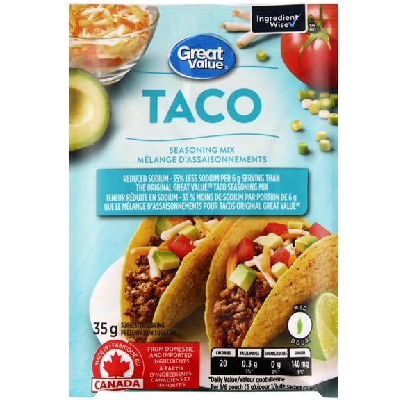 Mélange d'assaisonnement doux pour tacos de Great Value réduit en sodium 35 g