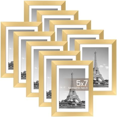 5x7 Picture Frame Set of 10, Display Pictures 4x6 with Mat or 5x7 Without, Multi Photo Frames Collage for Wall or Tabletop Display, Gold