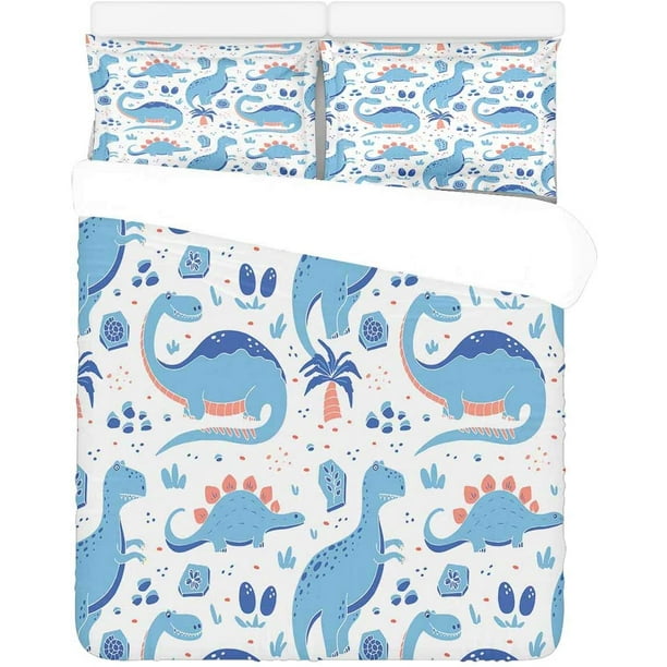 HATIART 3 Piece Bedding Set Cute Blue Dinosaurs Twin Size Duvet Cover with 2 Pillowcase for Home
