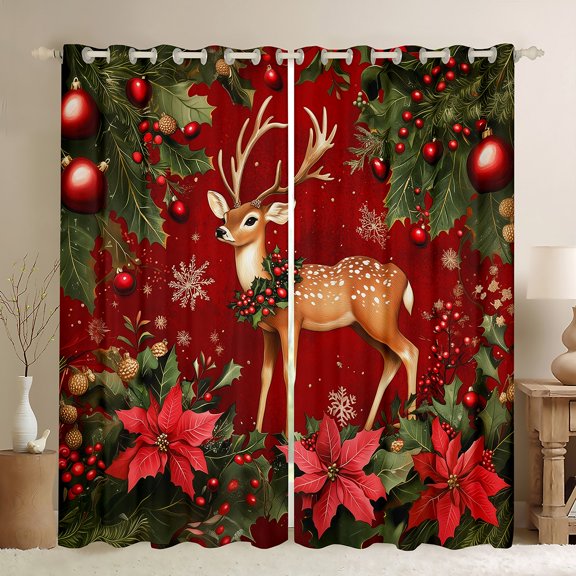 jejeloiu Christmas Reindeer Curtains Pack of 2 (42x84 Each),Red Berry Xmas Flower Curtains Blackout,Happy New Year Bedroom Curtains For Girl Teens,Super Cozy Room Decor