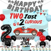 Two Fast 2 Curious Birthday Decorations - 2 Fast 2 Curious Backdrop Cake Topper, Happy Birthday Checkered Flags Banner, Race Car Tire Balloons, Boys Second Birthday Party Supplies