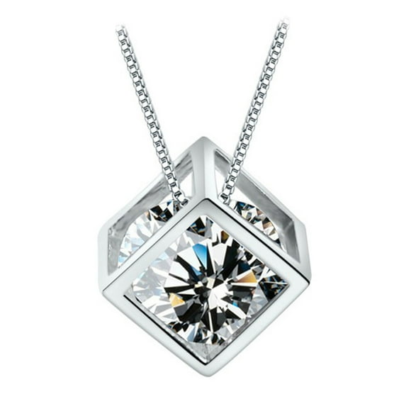 Square Cube Necklace Crystal Long Chain Necklace Jewelry for Women Cubic Fashion Chain Female Gift(Platinum/ no Chain,White Copper Plated Platinum)