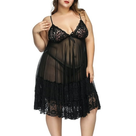 

Frontwalk Womens Sexy Plus Size Nightdress Solid V Neck Langerie Lace Chemise Dresses Loose See-through Nighties