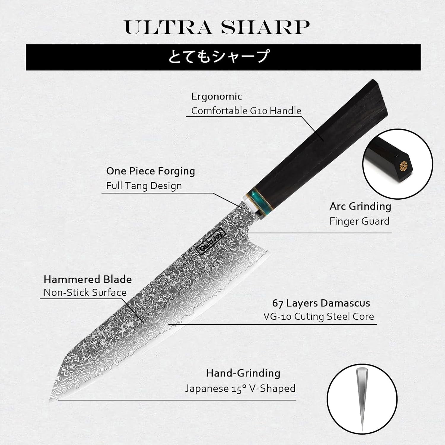 Qulajoy Classic 8 Inch Kiritsuke Knife - Handcrafted Japanese 67 Layers Damascus VG-10 Steel Core - Professional Master Chef Knife - Octagonal Pakkawood Handle with Sheath