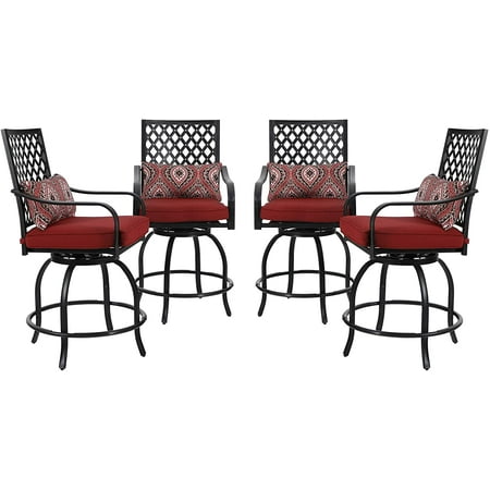 MF Studio 4-Piece Patio Dining Chairs Outdoor Swivel Bar Stools Extra Wide Height Modern Patio Furniture Suitable for Patio Garden Porch Dining Room with Red Cushion