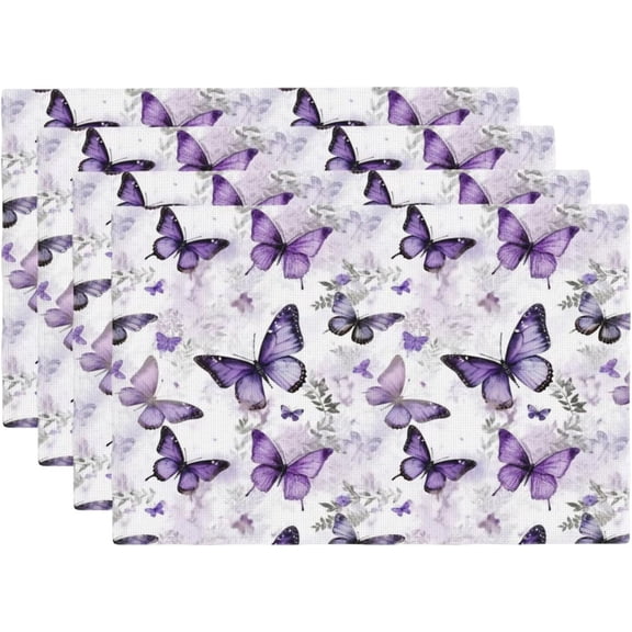 Purple Butterfly Placemats Set of 4 Vintage Watercolor Floral Butterflies Linen Place Mats Washable Table Mats 12x18 Inch for Kitchen Dining Decoration