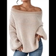 thumbnail image 2 of Suéter de Punto Holgado Informal de Larga con Rayas y Hombros Descubiertos para Mujer (Otoño 2025) Beige L, 2 of 7