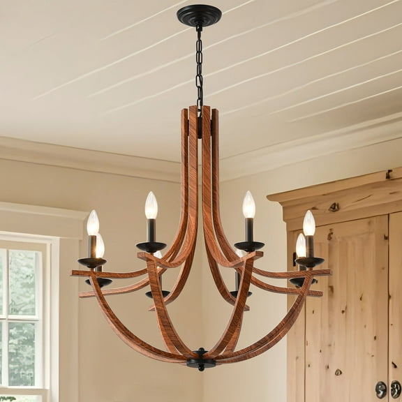 Rustic Farmhouse Chandelier - 8-Light Wood Texture Hanging Fixture, Adjustable Height, Dimmable, for Dining Room, Kitchen Island, Entryway