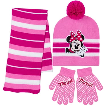 Disney Minnie Mouse Girls 3 Piece Beanie Hat Scarf and Glove Set -Pink and Red