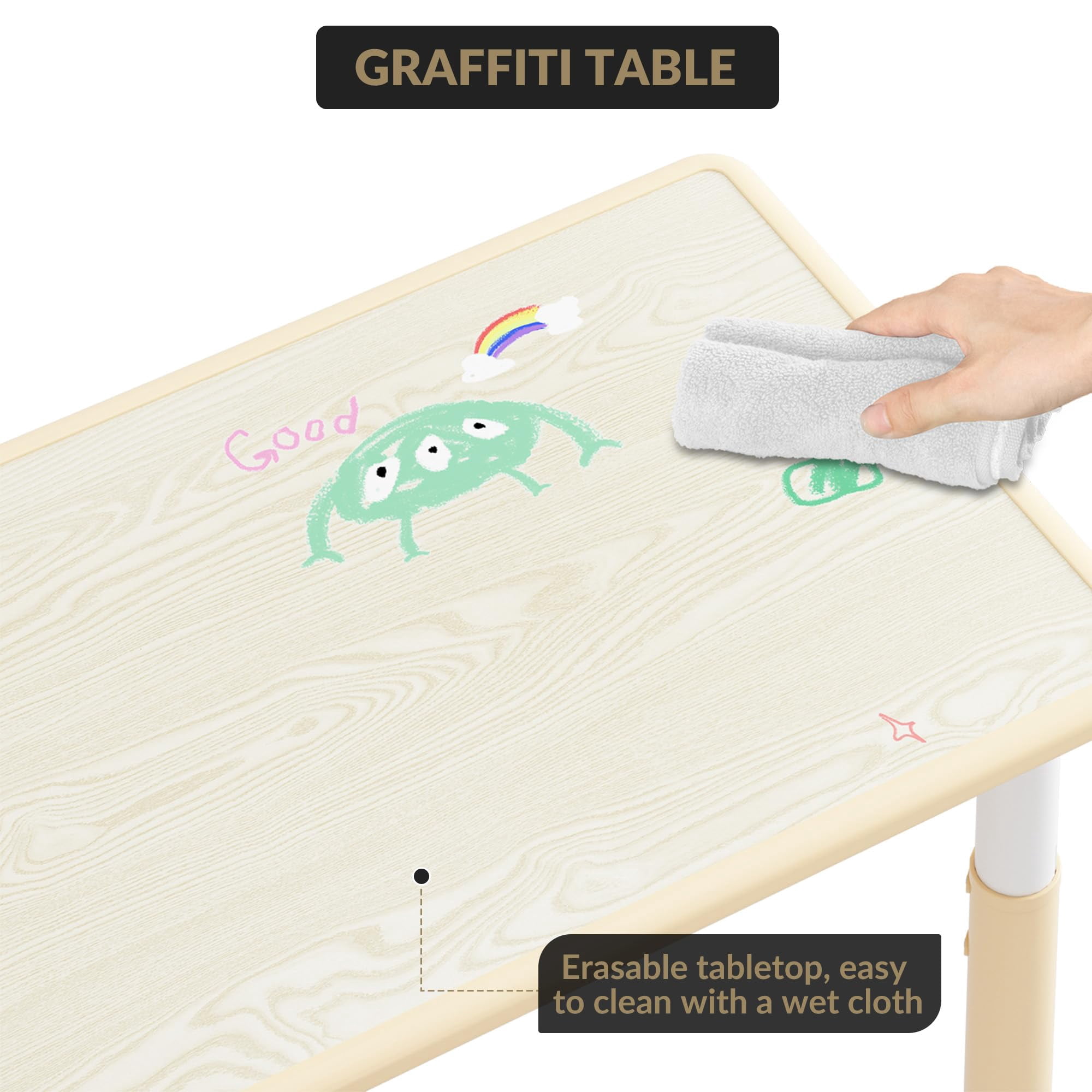 Accreate Kids Table & 6 Chairs Set with Storage Box - Height Adjustable Toddler Table for Ages 2-10, Graffiti Desktop, Non-Slip Legs - Ideal for Daycare, Classroom & Home Activities