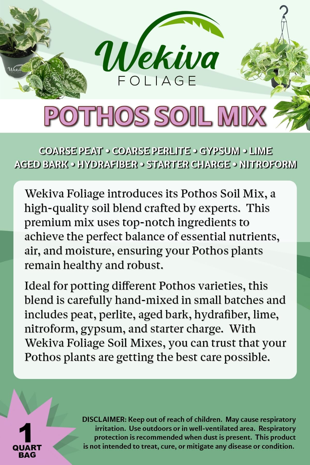 Pothos Growing Soil Mix  5 Quarts - Custom Soil Blend  Potting Mix for Pothos Plants  Specially Developed by and for Professional Nursery Growers - Nutrient-Rich Formula