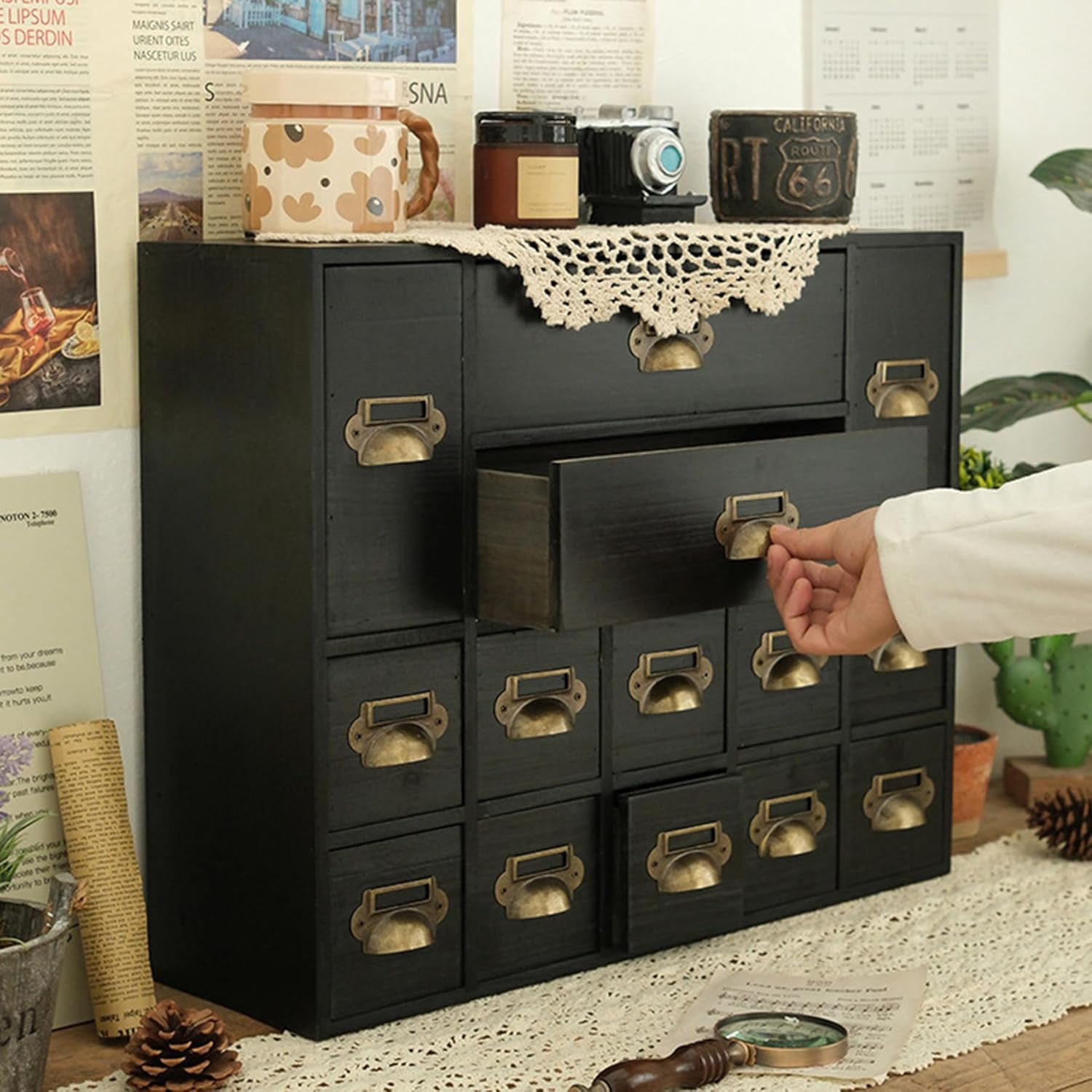 14 Drawers Apothecary Drawers Card Catalog Cabinet,Wooden Storage Box with Drawers,Library Card Catalog Cabinet for Desktop Organizer,Black