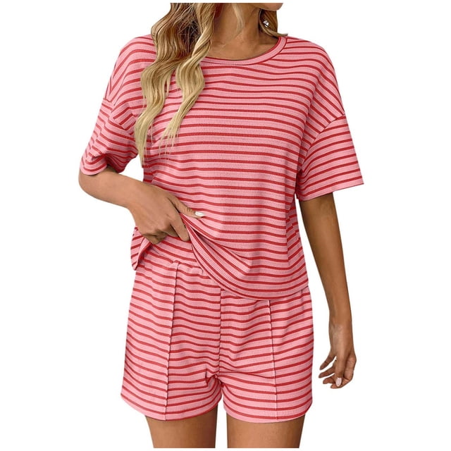Striped 2 Piece Sweater Set for Womens Summer Short Sleeve Tops Loose Matching Shorts Lounge Sets Tracksuit