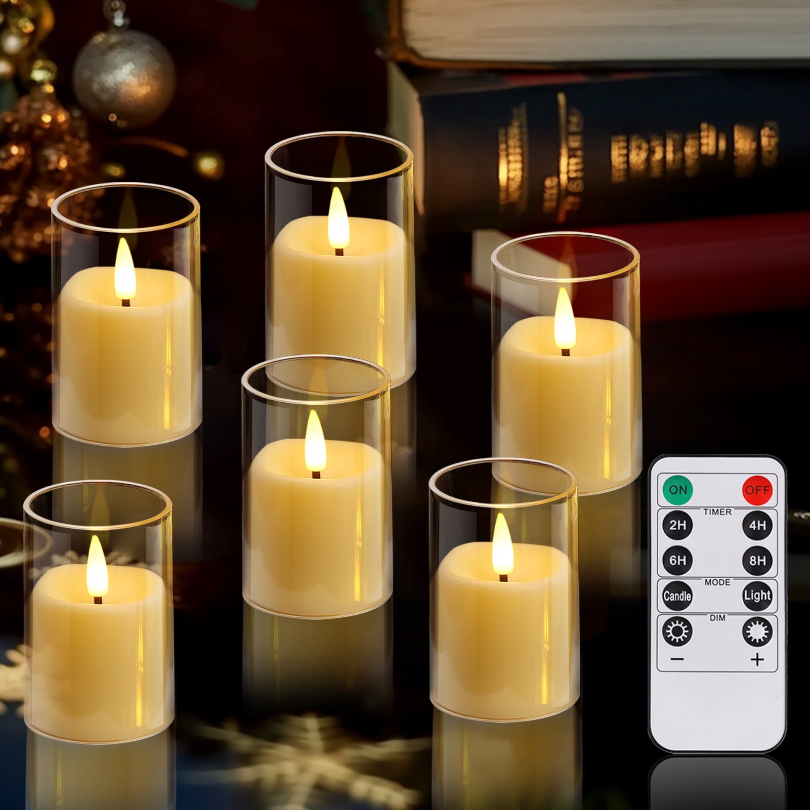 6Pack Glass Flickering Flameless Candles with Remote, 2"X3" Real Wax Votive Candles Battery Operated, Small Electric LED Candles for Wedding Home Decor, w/4 Timers+2 Lighting Modes [Clear]
