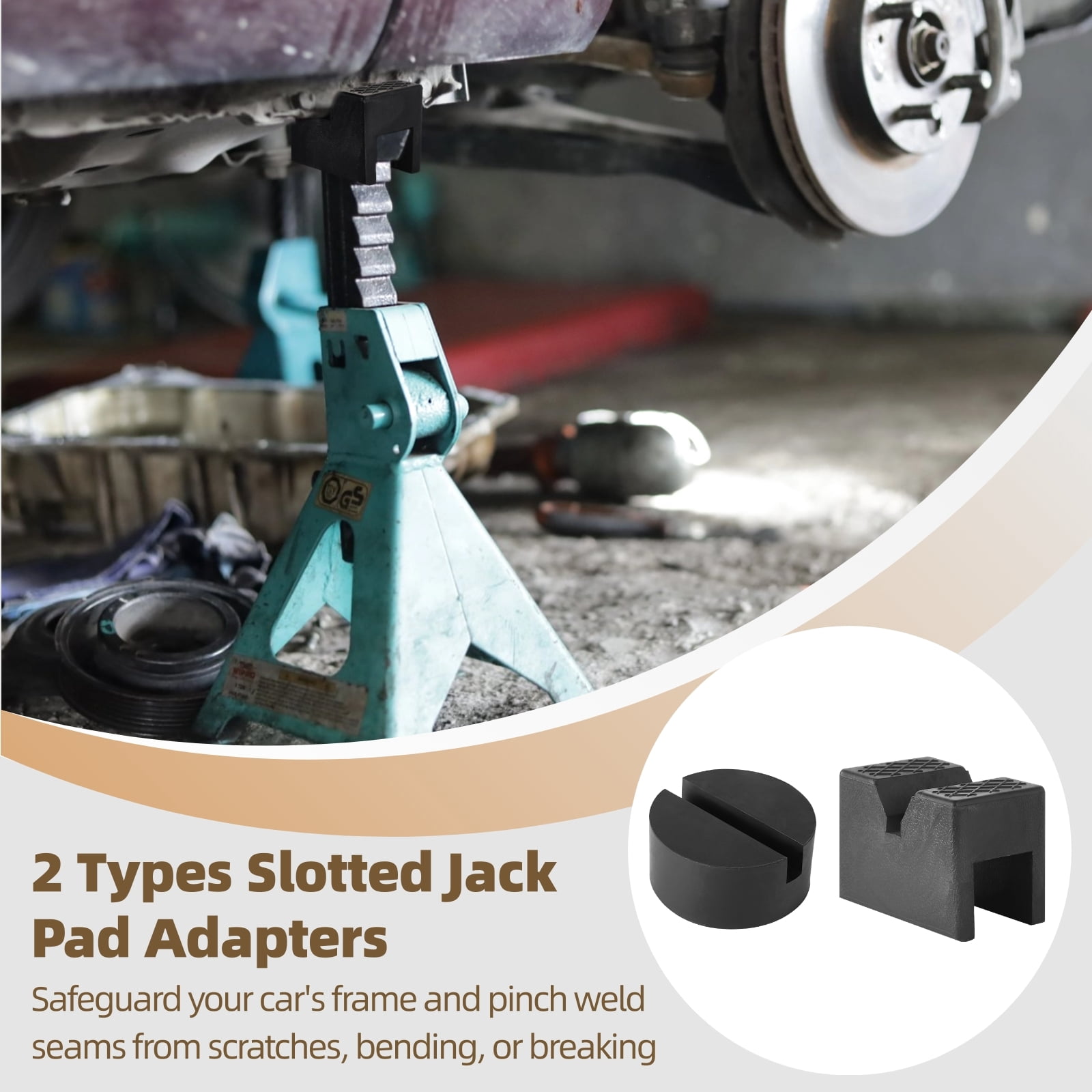 8 PCS 2 Types Jack Pads, Jack Pad Adapter, Universal Jack Stand Protector, Heavy Duty Rubber Slotted Jack Pad for Jack Stand and Floor Jack, Rail Pinch Weld Protector, Car Lifting Jack Accessories
