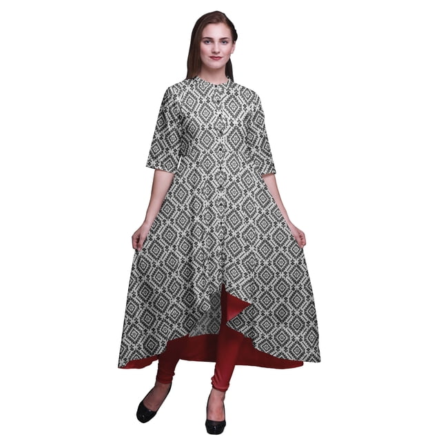 Bimba Robe Anarkali Imprimée Ikat Ethnique Noire pour Femmes Col Mandarin Kurtis Indiens pour Femmes Tenue de Fête-Xxx-Grand