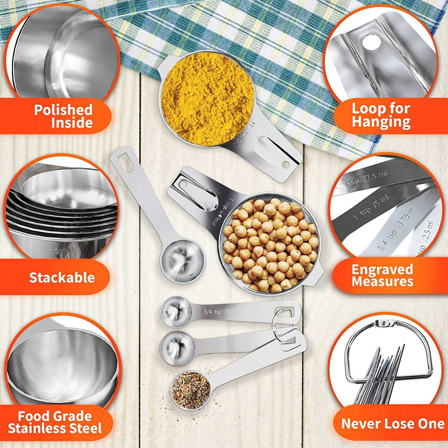 Stainless Steel Measuring Cups and Spoons Set of 14 Pieces,7 Nesting 7 Stackable Professional Portable